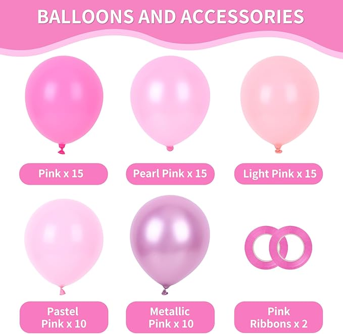 RUBFAC Pink Balloons Set, Metallic Pearl Pastel Light Pink Party Balloons 12 Inch for Girl Princess Birthday Party Decorations Wedding Baby Shower, 65pcs
