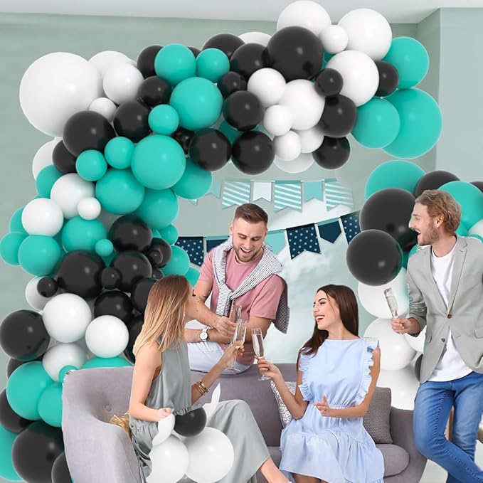 Teal Blue Black White Balloon Garland Arch Kit, 122PCS Teal Blue White Black Balloons Teal Balloons for Birthday Wedding Graduation Anniversary Engagement Gender Reveal Halloween Party Decorations