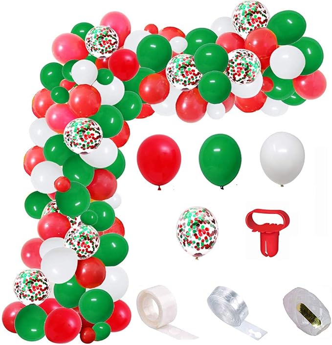Red Green White Balloon Arch Strip Kit - 104pcs 16ft Balloon Garland for Christmas, New Year, Birthday, Wedding, Carnival Party Backdrop, DIY Kit for Kids & Families