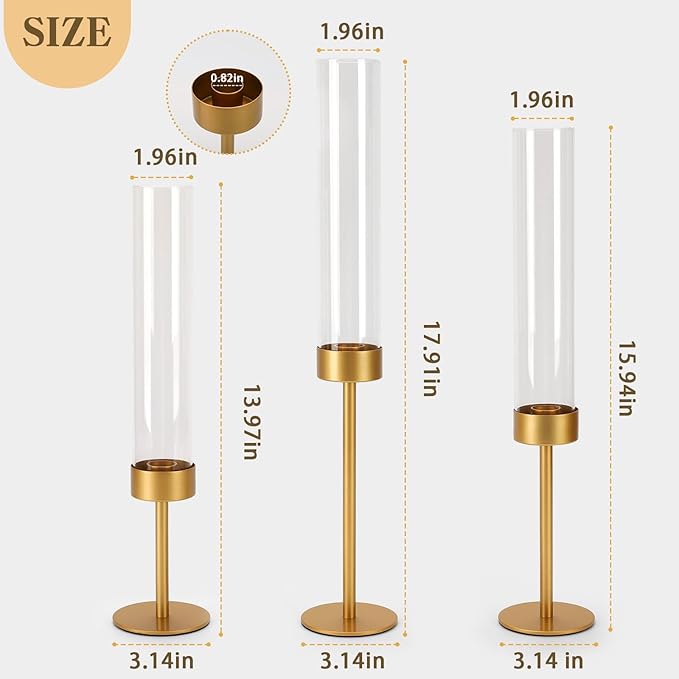 Glass Hurricane Candle Holders Set of 6-Gold Metal Base Taper Candle Stick Holders for CandlesticksHolder Decor, Elegant Dining Table Centerpiece for Wedding, Christmas & Home Decor