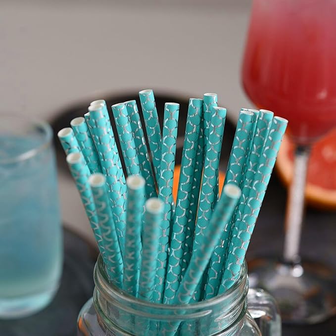 100 pcs Under The Sea Party Paper Straws, Aqua Mermaid Fish Silver Foil Scale Drinking Straws, Kids Birthday Baby Shower Ocean Beach Pool Tropical Summer Hawaiian Cake Pop Sticks (Aqua With Scale)