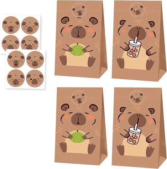 24 Pcs Capybara Gift Bags, Double-Sided Cute Capybara Pattern Party Favor Bags with Stickers for Snacks Candies Small Gifts Animal Themed Birthday Party Supplies