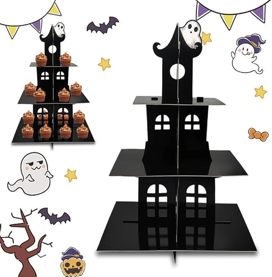 3-Tier Halloween Cupcake Stand Tower Halloween Castle Cake Stand Halloween Round Cardboard Dessert Tower Dessert Tree Tower for Halloween Party Supplies Dessert Serving Tray for Halloween Decorations