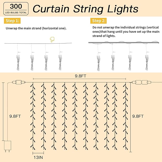 300 LED Curtain String Lights 9.8 * 9.8FT Plug in Fairy Lights with Timer and 8 Modes, Waterproof Window Wall Lights for Bedroom Wedding Party Indoor Outdoor Christmas Decor