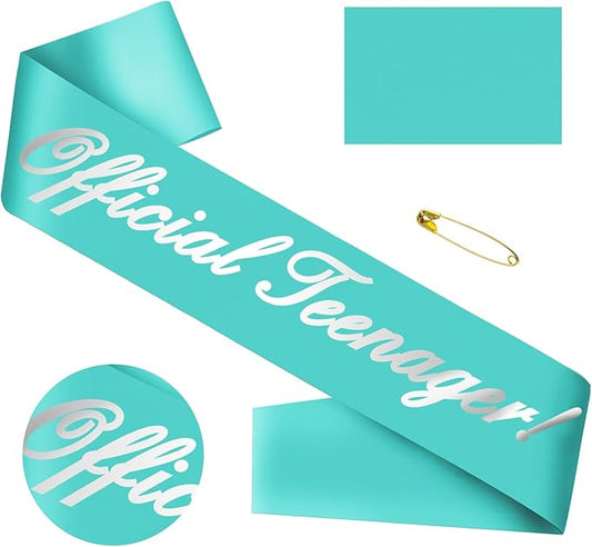 13th Birthday Sash, 'Official Teenager' Teal Silver Foil Sash for Girls' 13th Birthday Party Decorations, Ideal Girls' Gift