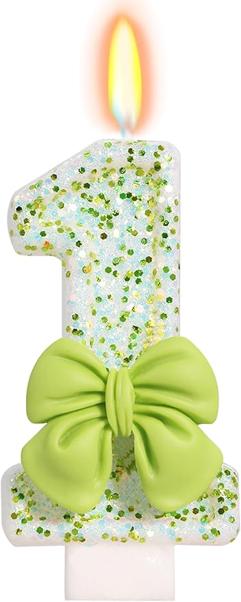 Birthday Candle for Cake, Green Bow Number Cake Candles, 2.76 inch Cake Topper Decoration for Birthday Party (Number 1)