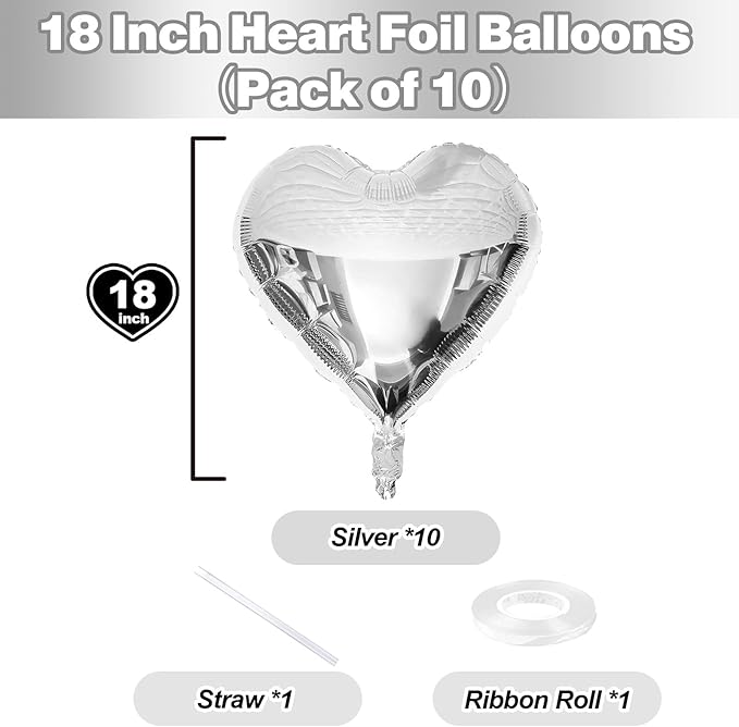 Silver Heart Foil Balloons, 10 Pcs Silver Heart Shape Balloons, 18Inch Metallic Heart Foil Balloon for Birthday Valentine Wedding Baby Shower Bridal Shower Graduation New Year Party Decorations