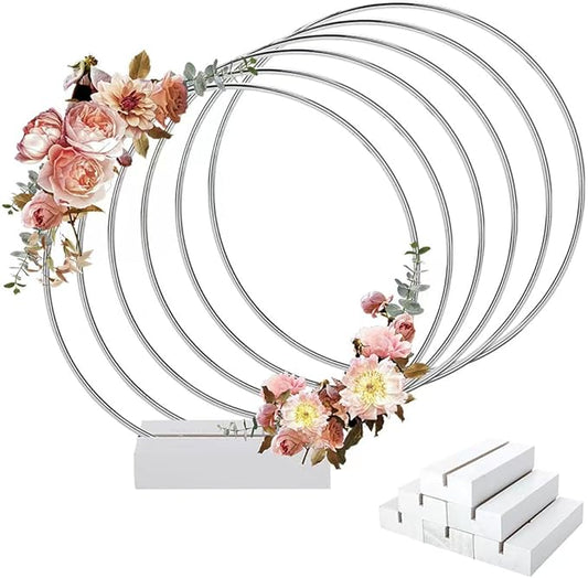 Worown 6 Pack 10 Inch Metal Floral Hoop Centerpiece with 6 Pack Wooden Stand for Table, Silver Metal Rings for Making Wedding Table Wreath Decor, Wall Hanging Wreaths and Dream Catcher Crafts