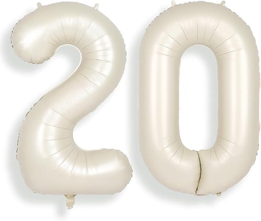 SUWEN 40 Inch Cream White Large 20 Number Balloons Big Foil Helium Number Balloons 0-9 Jumbo Happy 20th Mylar Birthday Party Decorations for Women or Men Anniversary Party Supplies
