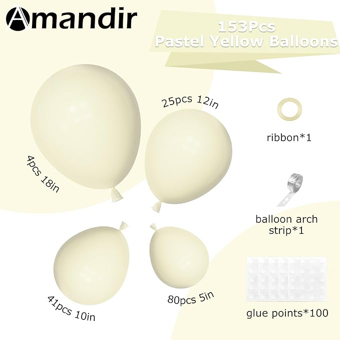 Amandir 153pcs Pastel Yellow Balloons Arch Garland Kit Different Sizes 18 12 10 5 Inch Pale Light Yellow Latex Balloon for Birthday Gender Reveal Wedding Shower Anniversary Easter Party Decorations