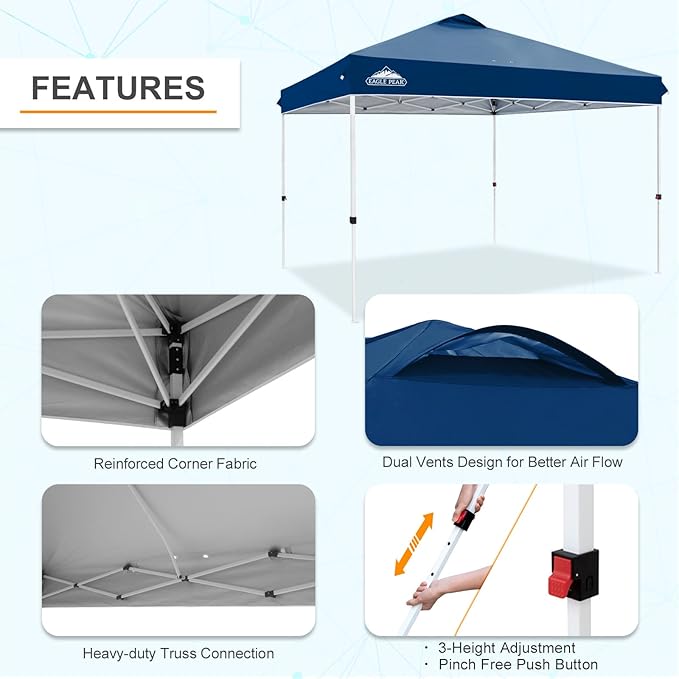 EAGLE PEAK Pop Up Canopy Tent with Wheeled Carry Bag, 8 Stakes, 4 Ropes, 4 Weight Bags, Easy Set Up Tent Canopy, 12x12 ft, 144sqft of Shade, Dark Blue