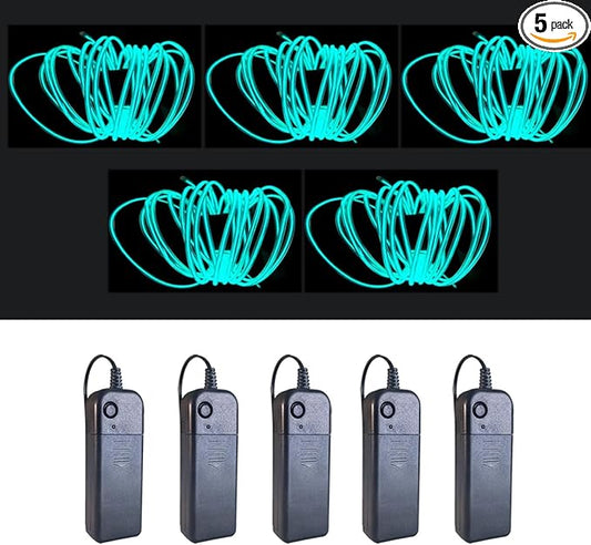 MaxLax EL Wire Ice Blue 5-Pack, 9ft/2.75m Neon Light Wire with Noise Reduction and Battery Pack…