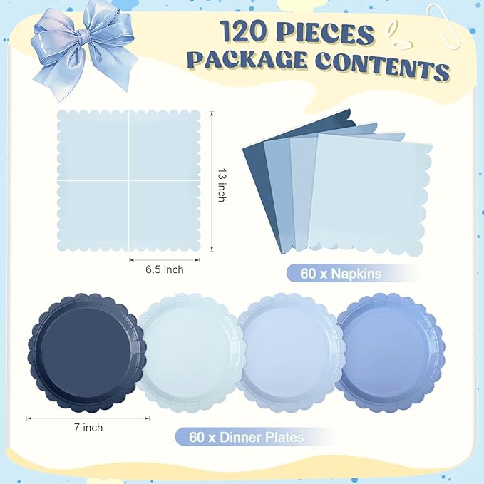 120 Pcs Paper Plates and Napkins Party Supplies Bulk Disposable 7 Inch Scalloped Plates Cocktail Napkins for Wedding Bridal Baby Shower Birthday Decorations, Serve 60(Dusty Blue)