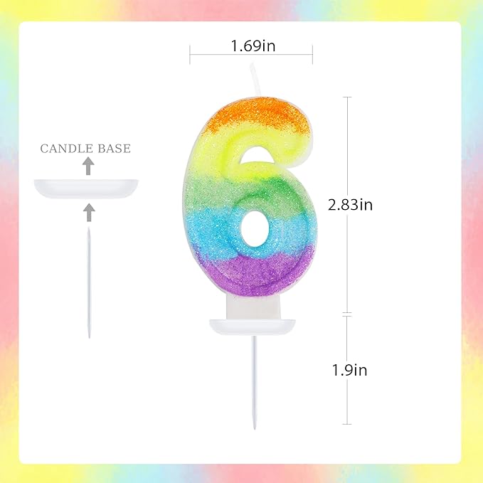 Rainbow Candles for Birthday Cakes, Rainbow Themed Cake Topper Birthday Party Decorations, 6th Number Candle (Number 6)