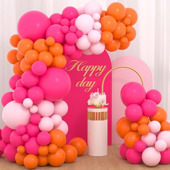 Hot Pink Orange Balloon Arch Kit - 122pcs, Pink Orange Balloons, Arch Strip Tape, Glue, Holder Tool - Princess Cartoon Theme, Unisex Adults, General Celebration, All Ages