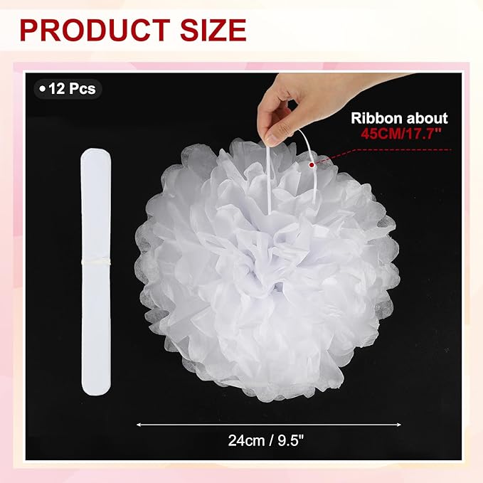 PATIKIL 10inch Tissue Paper Pom Poms, 12PCS Pom Poms Paper Flowers Ball Tissue Paper Flowers for Wedding Bridal Shower Birthday Bachelorette Party Backdrop Decoration, White