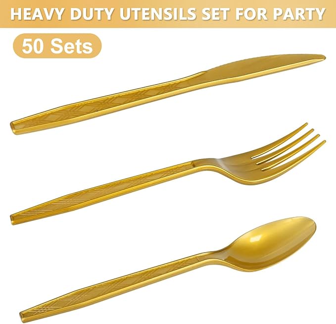 350PCS Gold Party Supplies for 50 Guests, Disposable Party Decorations Dinnerware Paper Plates Cups Napkins Gold Plastic Forks Knives Spoons for Wedding Birthday Graduation