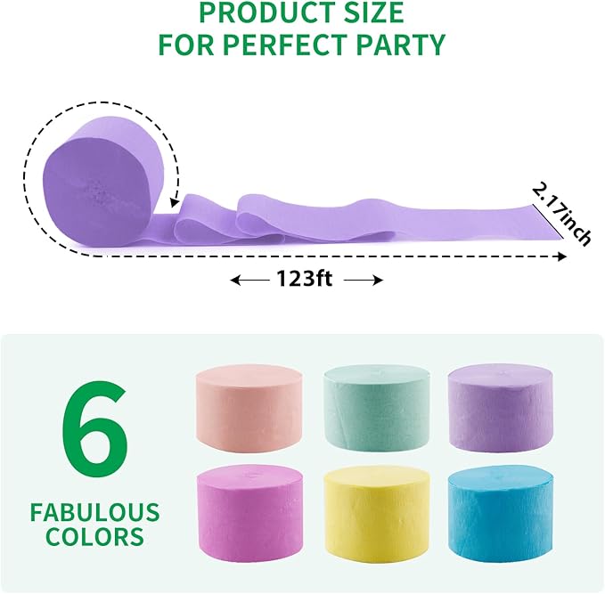 6 Rolls 738ft Crepe Paper Streamers, 6 Macaron Colors Party Streamers for Party Backdrop Craft Tissue Paper Decorations Wedding Birthday Graduation Decor DIY Supplies - 2.2 Inch x 123 Ft/Roll