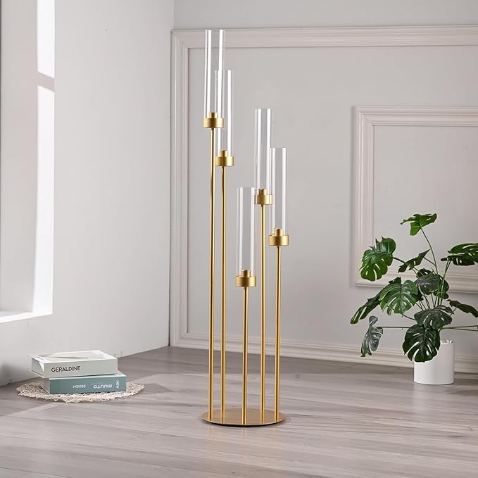 39.4'' Tall Gold Floor Candelabra，Set of 8PCS 5 Arm Candle Holder Tall Floor Candle Holder with Acrylic Lampshade for Wedding Table Birthday Party Home Decoration Fit LED Taper Candles
