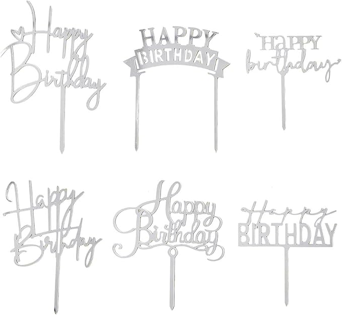 Silvery Acrylic Birthday Cake Toppers - 6pcs Happy Birthday Toppers for Girls' Party Decorations