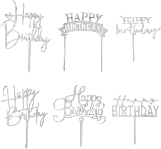 Silvery Acrylic Birthday Cake Toppers - 6pcs Happy Birthday Toppers for Girls' Party Decorations