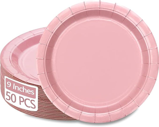 50pc Pink Paper Plates - 9' Pink Birthday Dinner Plates for Girls Baby Shower Gender Reveal Parties