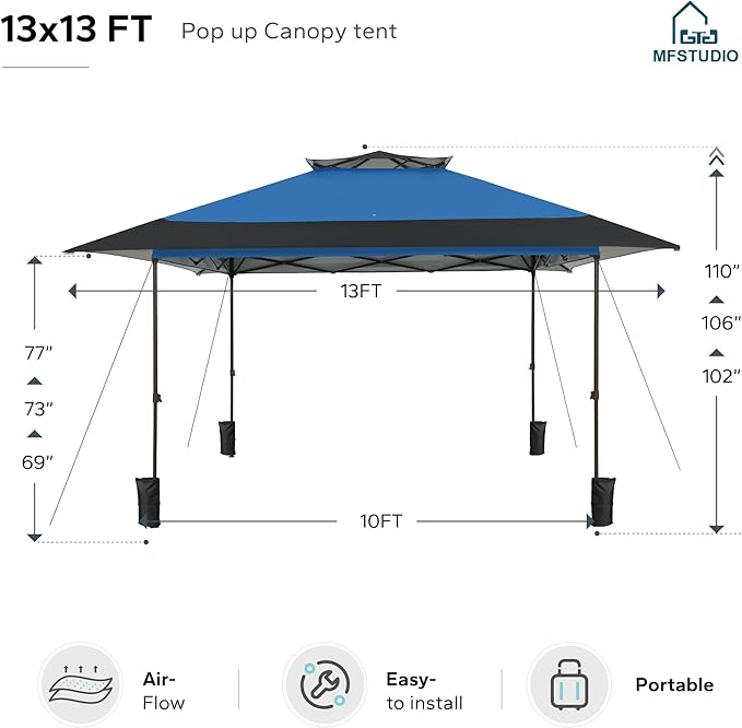 MFSTUDIO 13x13 Outdoor Pop Up Canopy Tent,Easy Set up Straight Leg Outdoor Canopies One Push Folding Instant Shelter Tents for Beach,Party and Camping, 169 Sq. Ft of Shade