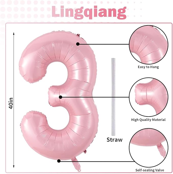 Pastel Pink Number 3 Balloon, 40 Inch Giant Pearl Light Pink Helium Foil Number 0-9 for Girls, Self Inflating 3rd Birthday Balloon for Women Anniversary Baby Shower Princess Party Decorations Supplies