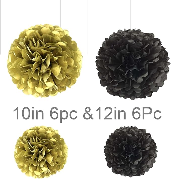 Black and Gold Tissue Paper Pom Poms Hanging Tissue Flowers Poms Decorations Pack of 12 for Wedding, Birthday,Party Backdrop Decor ect. (12", 10",Tissue Paper Flowers)