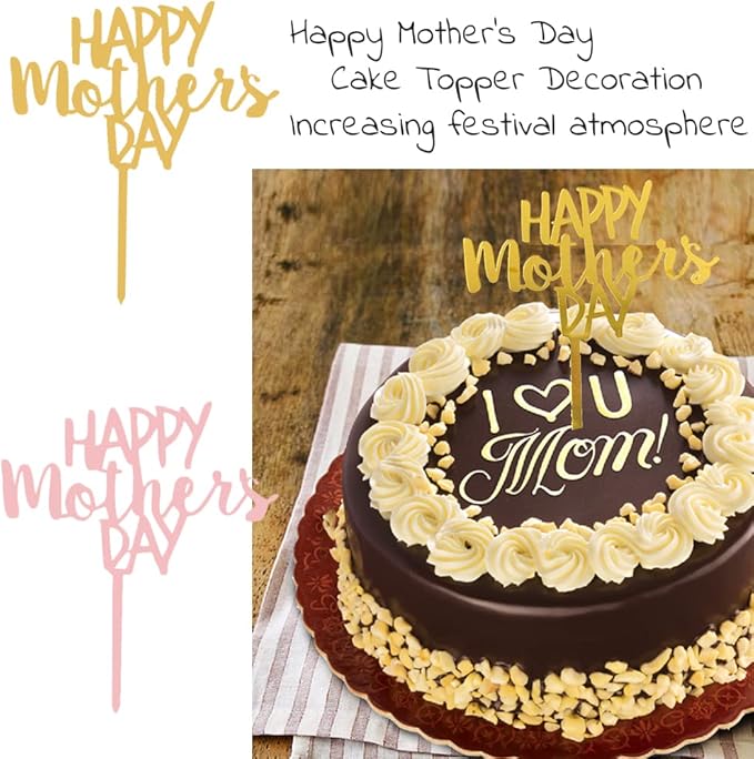 Happy Mothers Day Cake Topper, 10PCS Acrylic Glitter Mother's Day Cupcake Topper Decoration Picks for Birthday Mother's Day Cake Party Supplies (Gold -2)