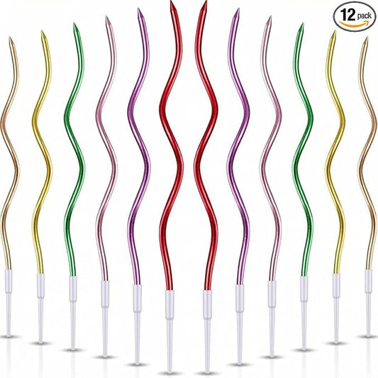 12-Count Spiral Birthday Candles, Long Twisty Party Candles with Candle Holders, Long Burning for Weddings, Birthdays, Party Decorations, Cupcakes, Anniversary and Meetups (Assorted Metallic Colours)