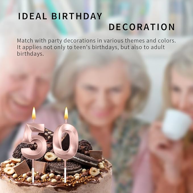 50th Candles Rose Gold, 50th Birthday Cake Topper with 50 Candles, Rose Gold Birthday Candles for Men & Women, 50 Birthday Decorations for Women Men Purple