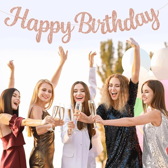 BEISHIDA Happy Birthday Banner - NO DIY,Rose Gold 10Feet Pre-Strung-Glitter Birthday Sign Garland Backdrop Decorations for Women men Party