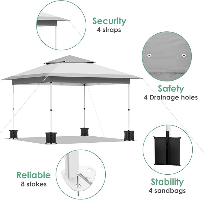 Arlopu Pop Up Canopy Tent with 1-Person Set up, Camping Instant Durable Shelter, Outdoor Gazebo Beach Shade with Wheeled Bag, 4 Sand Bags for Weight (Grey, 12FTX12FT)