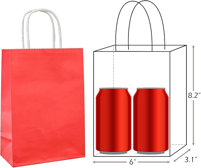25 PCS Small Gift Bags Red Kraft Paper Bags with Handles for Party Favor (8.2 x 6 x 3.1 In)