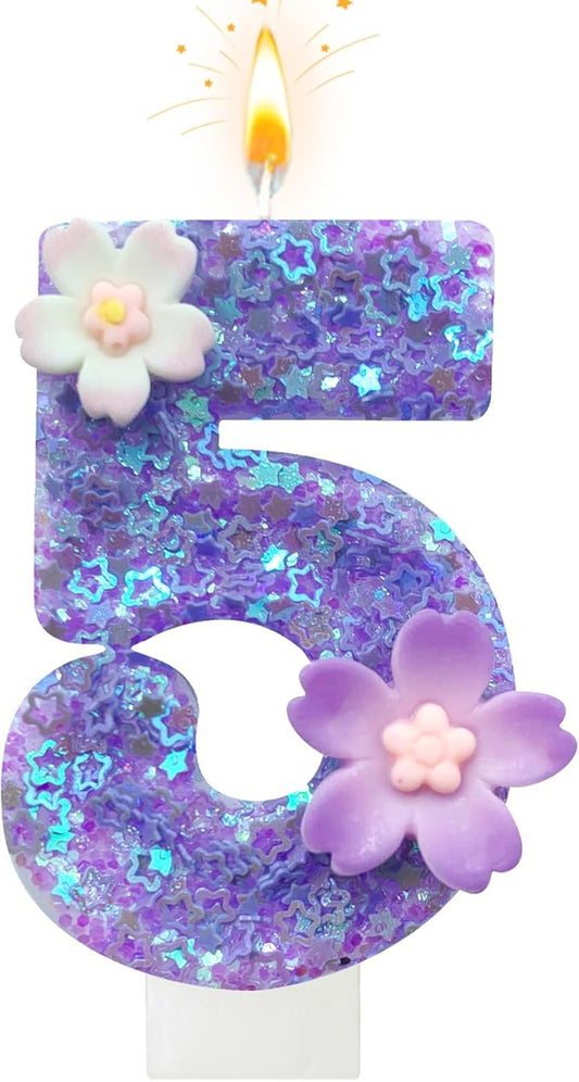 Purple Flower Birthday Candle,Number 5 Birthday Candles for Cake, Ideal Birthday Parties Cake Decor, Wedding Anniversary and Other Celebrations (Number 5, Purple)