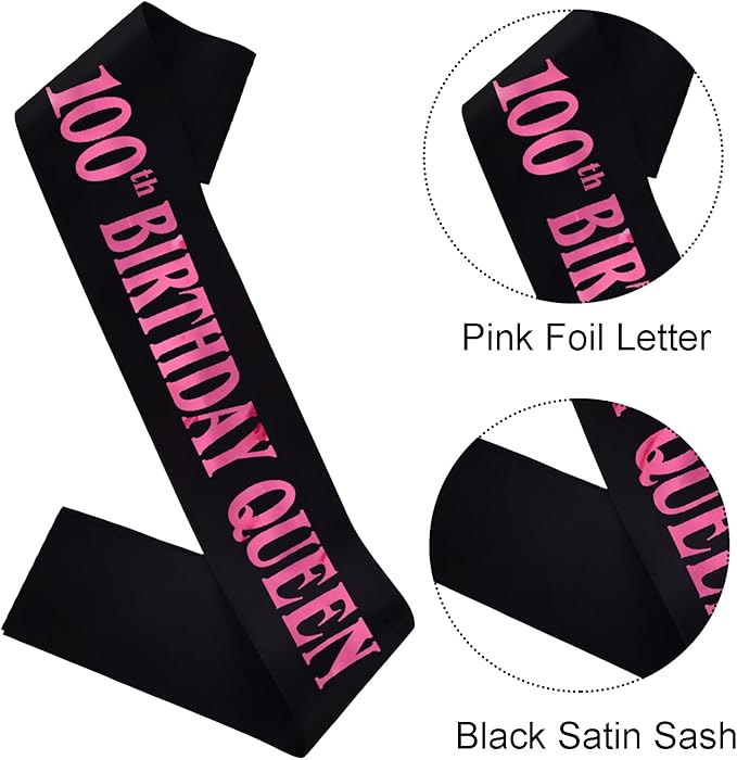 100th Birthday Queen Sash, Pink Foil Black Satin Birthday Sash for Women 100th Fabulous Birthday Party Gift Decorations Favors
