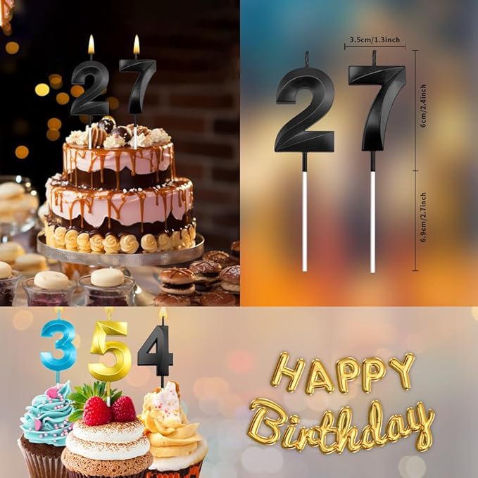 27th Birthday Candles 27 Candles for 27th Birthday Decorations for Boys Happy 27 Birthday Cake Topper Black Birthday Candles Black Number Candles