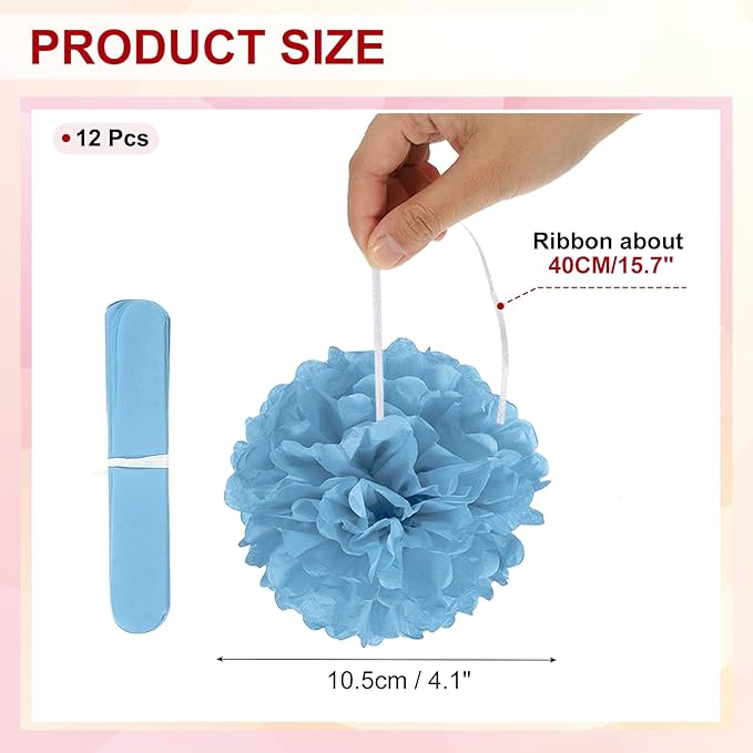 PATIKIL 4inch Tissue Paper Pom Poms, 12PCS Pom Poms Paper Flowers Ball Tissue Paper Flowers for Wedding Bridal Shower Birthday Bachelorette Party Backdrop Decoration, Lake Blue