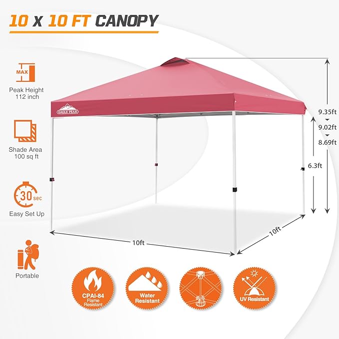 EAGLE PEAK Pop Up Canopy Tent with Wheeled Carry Bag, 8 Stakes, 4 Ropes, 4 Weight Bags, Easy Set Up Tent Canopy, 10x10 ft, 100sqft of Shade, Peach Pink