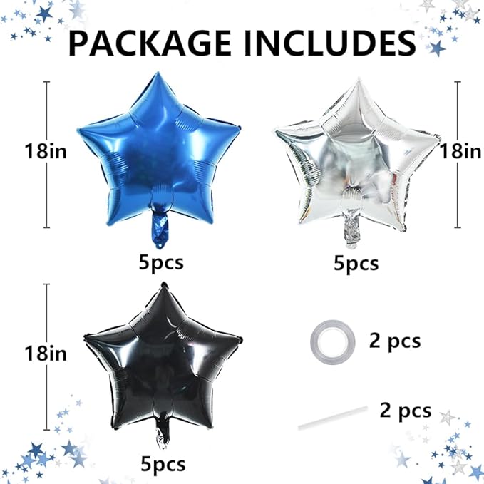 TONIFUL 15Pcs 18 Inch Large Navy Blue Silver Black Star Shape Foil Balloons Big Stars Helium Mylar Ballons for Birthday Wedding Bridal Shower Anniversary Engagement Party Decorations Supplies
