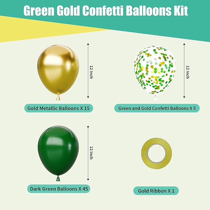 65Pcs Green Gold Balloons Set, Dark Green & Metallic Gold Balloons, Confetti Latex Balloons for Birthday, Graduation, St. Patrick's Day, Jungle Party Decorations