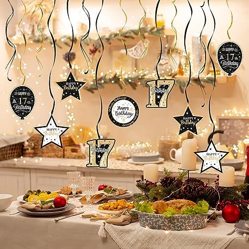 Happy 17th Birthday Black & Gold Glitter Swirls Streamers Party Decorations - 15 Pcs 17th Birthday Hanging Swirls Streamers Kit,Cheers to Seventeen Years Old Bday Party Sign.