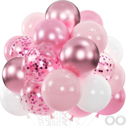 60pcs Pink and White Balloons, 12" Metallic Pearl Pastel Baby Pink Confetti Balloons for wedding Baby Bridal Shower Princess Birthday Decorations (66ft Ribbons)