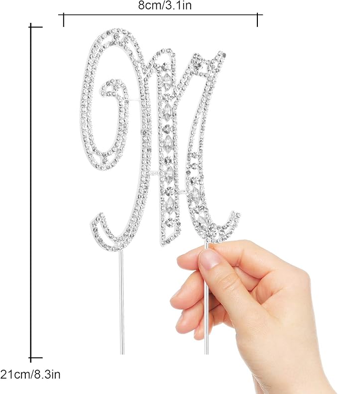 LINGPAR Letter M Cake Topper Rhinestone Crystal Silver Letter for Wedding or Anniversary Birthday Party Decoration Supplies