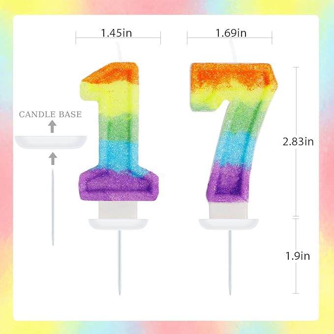Rainbow Candles for Birthday Cakes, 17 Candles Cake Topper, Rainbow Birthday Party Decorations