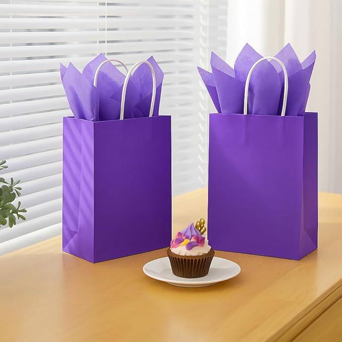SUNCOLOR Purple Gift Bags with Tissue Paper, 24 Pack Small Kraft Paper Party Favor Bags with Tissue Papers, 7.9 x 5.12 x 3.15 Inches with Handles for Birthdays, Weddings, Bridal Showers