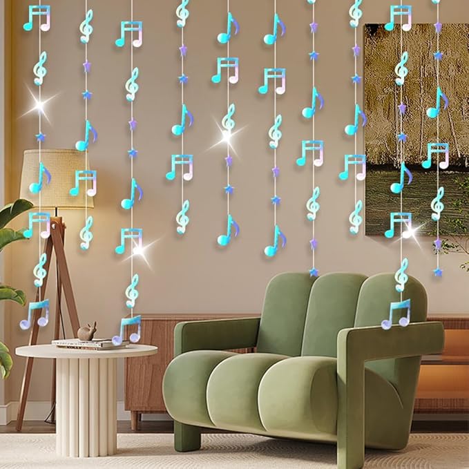 79FT Iridescent Music Note Garlands, Sparkling Holographic Hanging Musical Decorations, Ceiling Decor for Birthday, Wedding, Baby Shower, Bridal Shower & Concert, Music Party Supplies