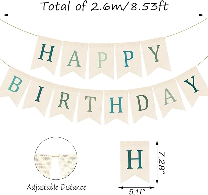 Doumeny Happy Birthday Burlap Banner Boho Birthday Banner Garland Neutral Green Bohemian Party Bunting Flag Colorful Happy Birthday Sign Hanging Garland for Home Fireplace Nursery Party Backdrop Decor