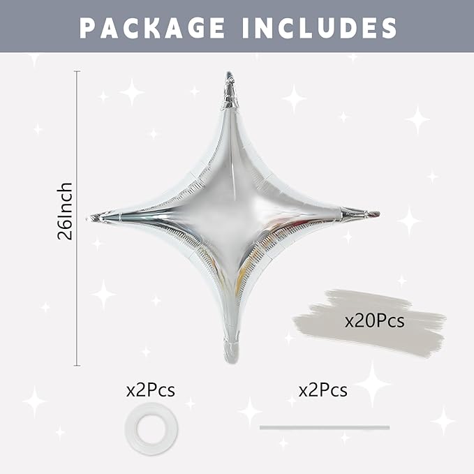 TONIFUL 20Pcs 26Inch Large Silver Four Pointed Star Shape Foil Balloons Big Silver Star Mylar Balloons for Birthday Wedding Baby Shower Anniversary Engagement Party Decorations Supplies